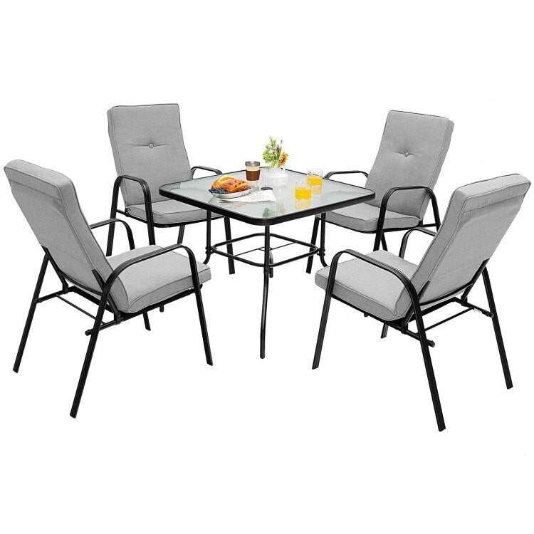 Sedie da pranzo impilabili da esterno con schienale alto grigio-nero, set da 4