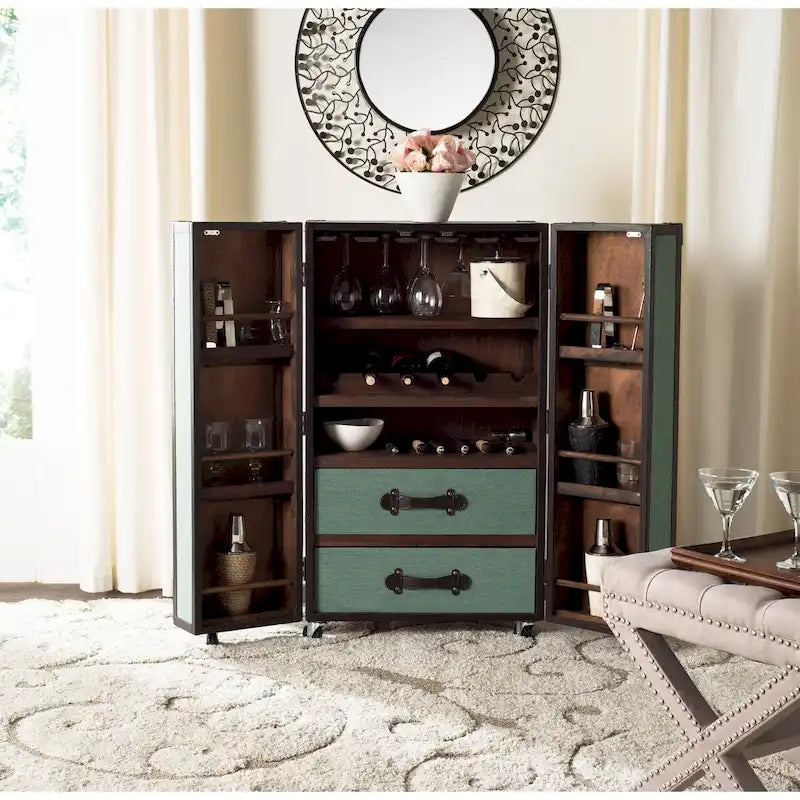Mobile bar in stile vintage, rovere/verde, con portabicchieri e cassetti