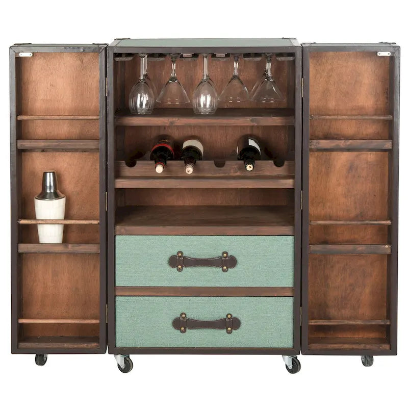 Mobile bar in stile vintage, rovere/verde, con portabicchieri e cassetti