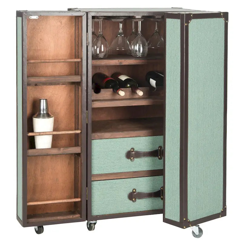 Mobile bar in stile vintage, rovere/verde, con portabicchieri e cassetti