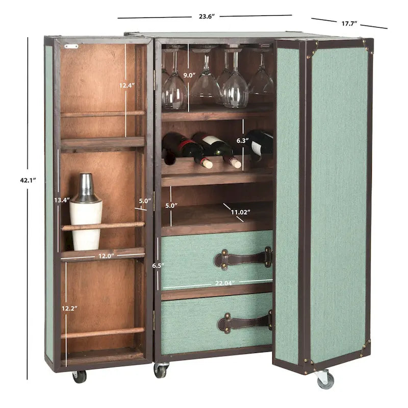 Mobile bar in stile vintage, rovere/verde, con portabicchieri e cassetti