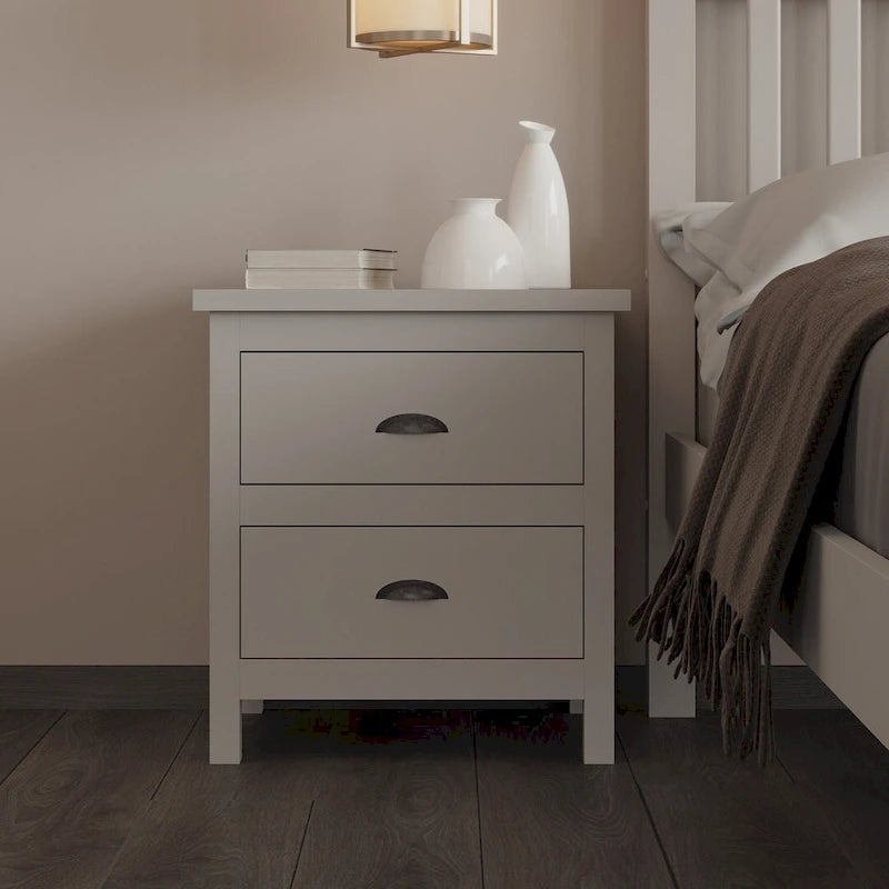 Comodino in legno massello a 2 cassetti, singolo, bianco/grigio