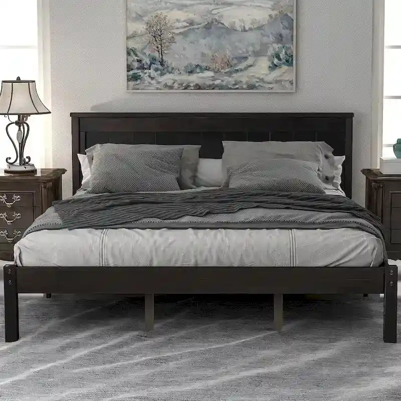 Struttura letto a piattaforma in legno colore Espresso / Naturale / Bianco con testiera, Per 1-2 persone