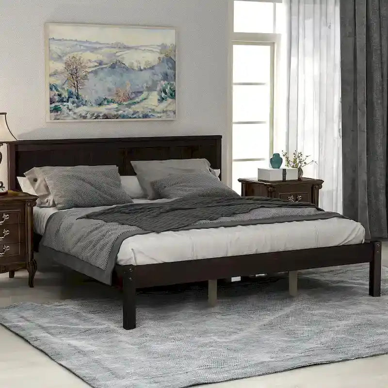Struttura letto a piattaforma in legno colore Espresso / Naturale / Bianco con testiera, Per 1-2 persone