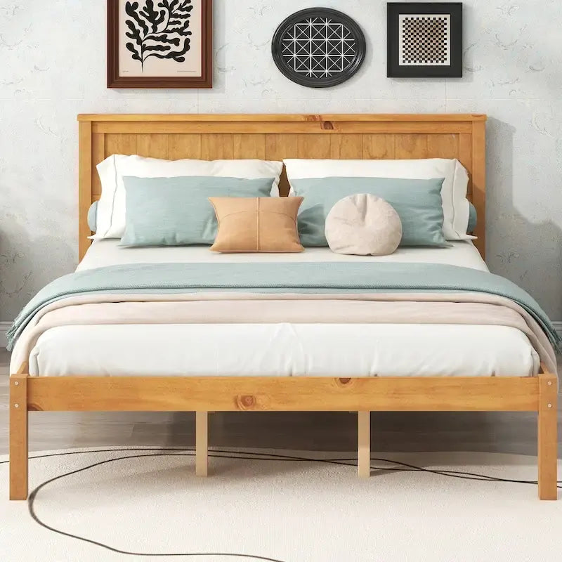 Struttura letto a piattaforma in legno colore Espresso / Naturale / Bianco con testiera, Per 1-2 persone