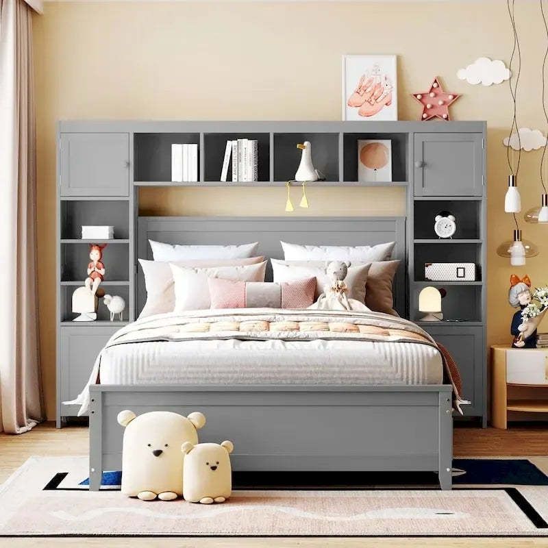 Letto contenitore Full Size grigio/bianco/espresso con ripiani e cassetti nella testiera, per 1-2 persone