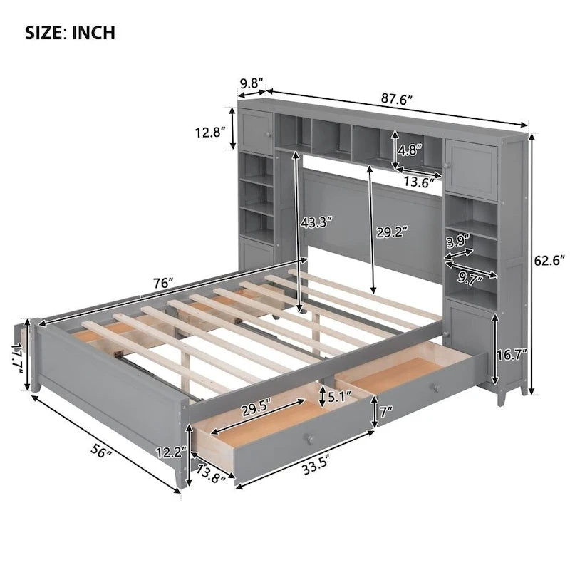 Letto contenitore Full Size grigio/bianco/espresso con ripiani e cassetti nella testiera, per 1-2 persone