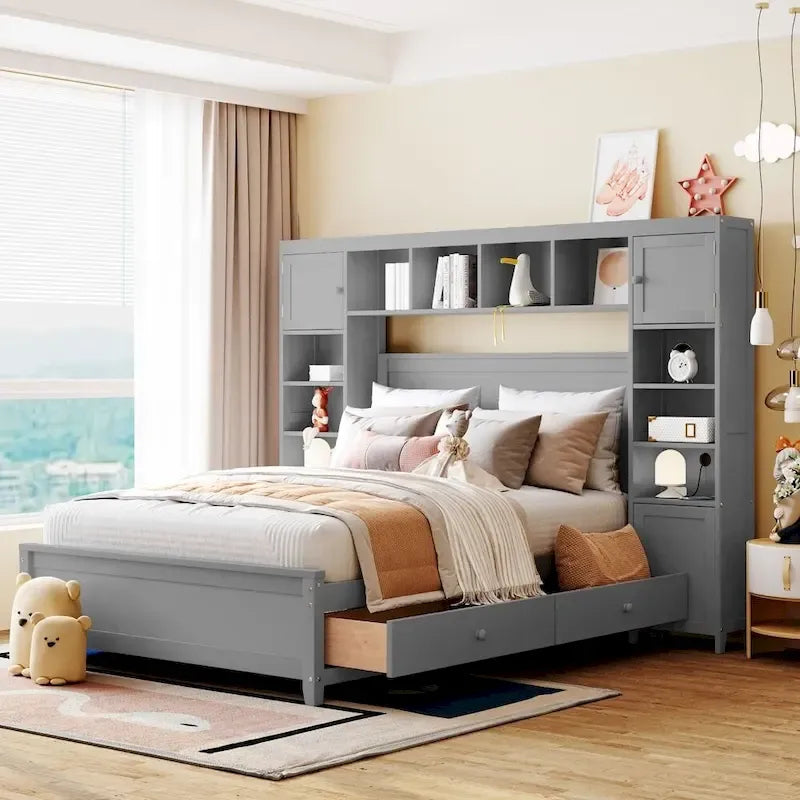 Letto contenitore Full Size grigio/bianco/espresso con ripiani e cassetti nella testiera, per 1-2 persone