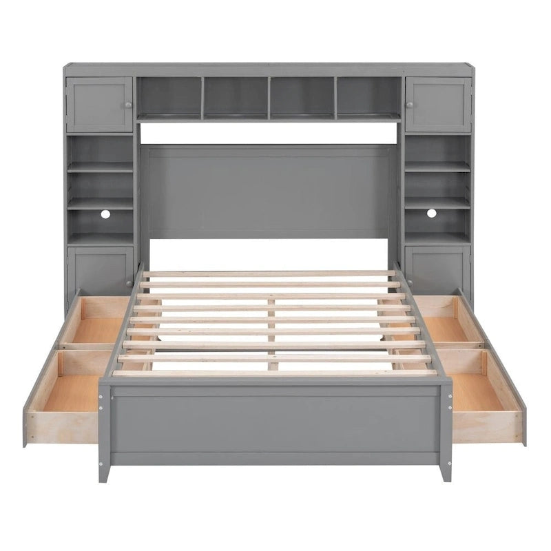 Letto contenitore Full Size grigio/bianco/espresso con ripiani e cassetti nella testiera, per 1-2 persone