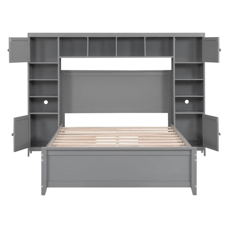 Letto contenitore Full Size grigio/bianco/espresso con ripiani e cassetti nella testiera, per 1-2 persone