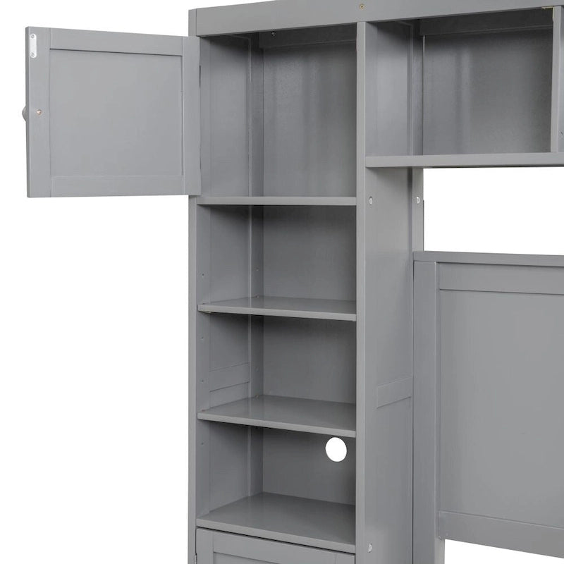 Letto contenitore Full Size grigio/bianco/espresso con ripiani e cassetti nella testiera, per 1-2 persone