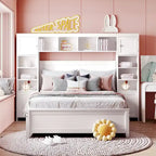 Letto contenitore Full Size grigio/bianco/espresso con ripiani e cassetti nella testiera, per 1-2 persone