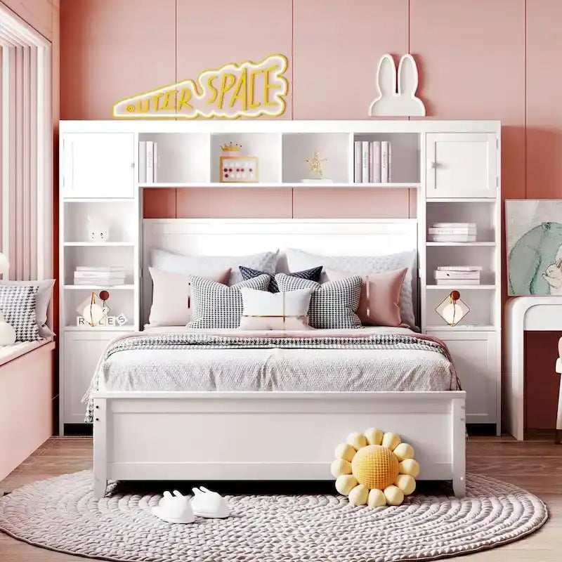 Letto contenitore Full Size grigio/bianco/espresso con ripiani e cassetti nella testiera, per 1-2 persone