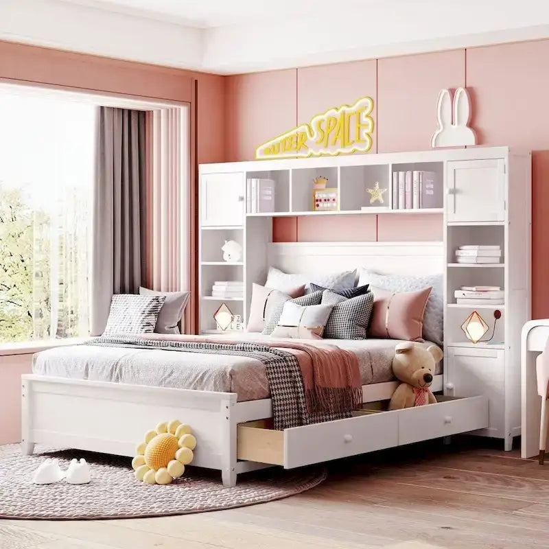 Letto contenitore Full Size grigio/bianco/espresso con ripiani e cassetti nella testiera, per 1-2 persone