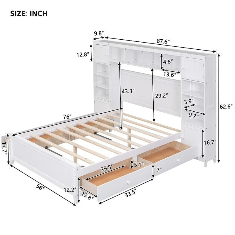Letto contenitore Full Size grigio/bianco/espresso con ripiani e cassetti nella testiera, per 1-2 persone