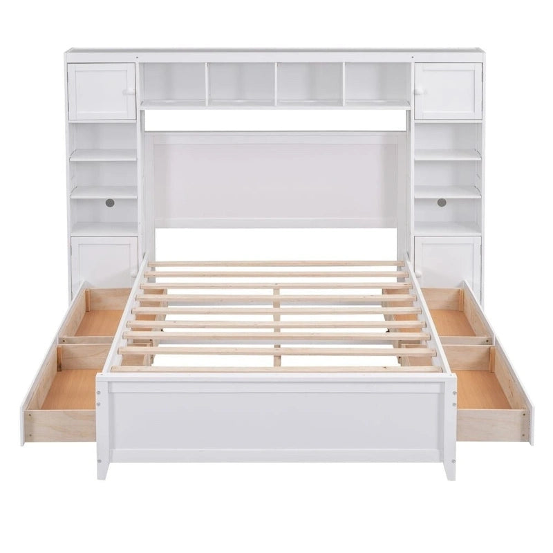 Letto contenitore Full Size grigio/bianco/espresso con ripiani e cassetti nella testiera, per 1-2 persone
