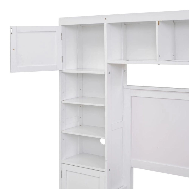 Letto contenitore Full Size grigio/bianco/espresso con ripiani e cassetti nella testiera, per 1-2 persone