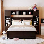 Letto contenitore Full Size grigio/bianco/espresso con ripiani e cassetti nella testiera, per 1-2 persone