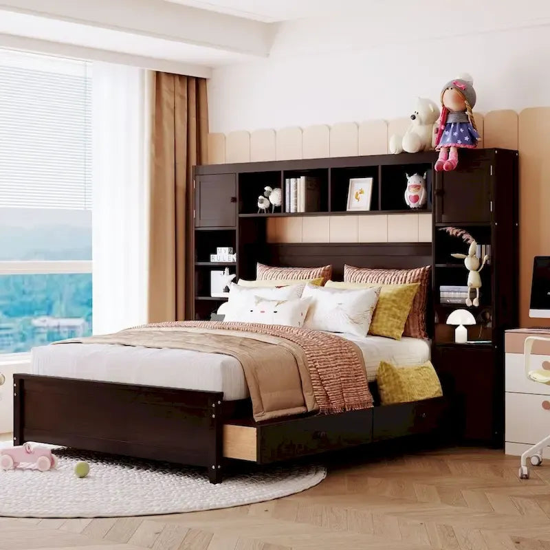 Letto contenitore Full Size grigio/bianco/espresso con ripiani e cassetti nella testiera, per 1-2 persone