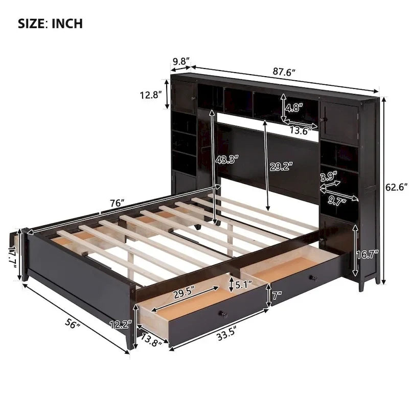 Letto contenitore Full Size grigio/bianco/espresso con ripiani e cassetti nella testiera, per 1-2 persone