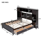 Letto contenitore Full Size grigio/bianco/espresso con ripiani e cassetti nella testiera, per 1-2 persone