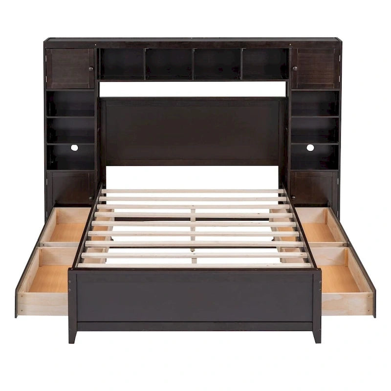Letto contenitore Full Size grigio/bianco/espresso con ripiani e cassetti nella testiera, per 1-2 persone