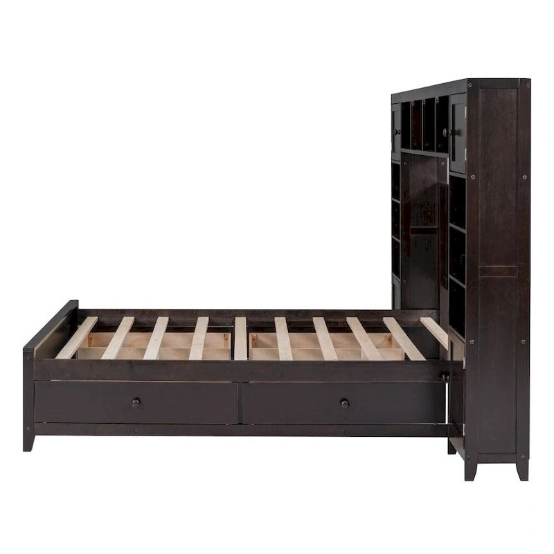 Letto contenitore Full Size grigio/bianco/espresso con ripiani e cassetti nella testiera, per 1-2 persone