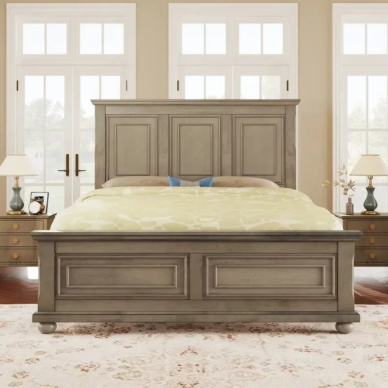 Letto matrimoniale tradizionale a pannelli grigio pietra/bianco/marrone, in legno di pino, per 2 persone