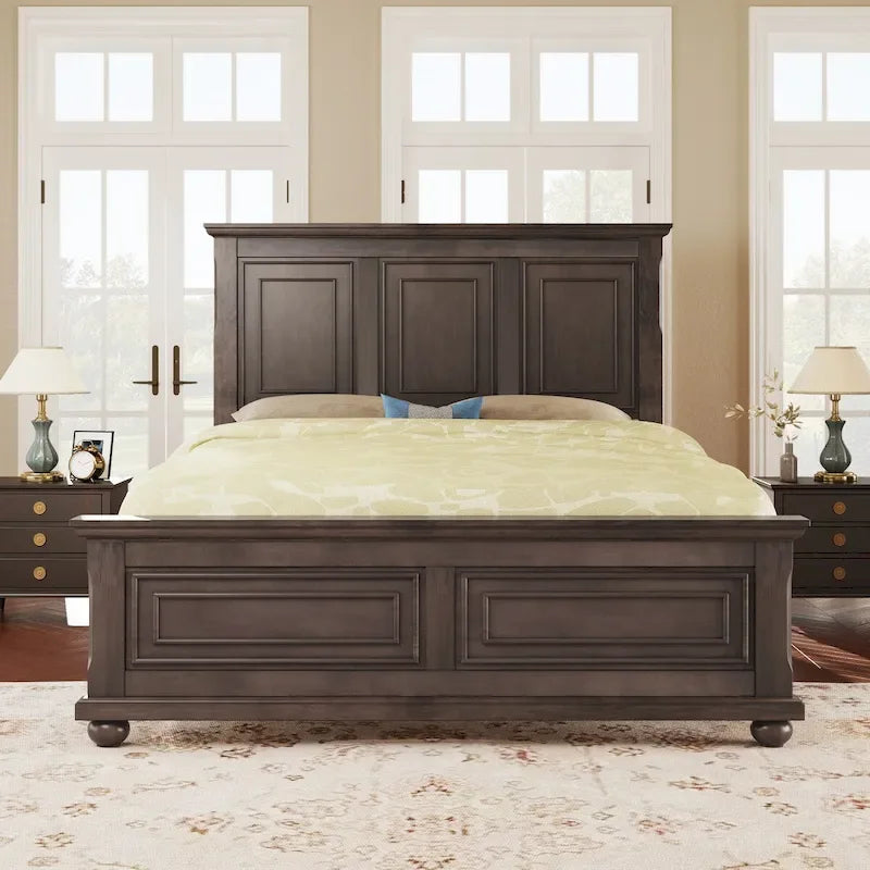 Letto matrimoniale tradizionale a pannelli grigio pietra/bianco/marrone, in legno di pino, per 2 persone