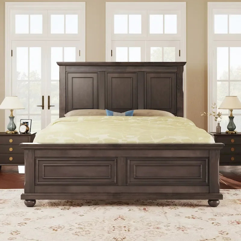 Letto matrimoniale tradizionale a pannelli grigio pietra/bianco/marrone, in legno di pino, per 2 persone