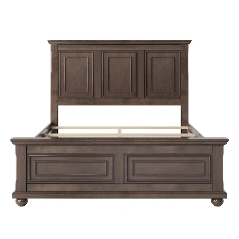 Letto matrimoniale tradizionale a pannelli grigio pietra/bianco/marrone, in legno di pino, per 2 persone