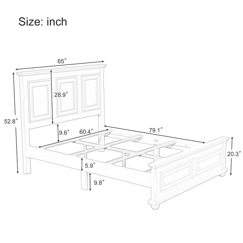 Letto matrimoniale tradizionale a pannelli grigio pietra/bianco/marrone, in legno di pino, per 2 persone