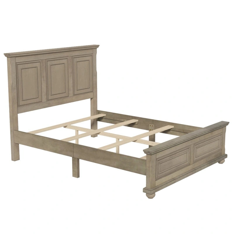 Letto matrimoniale tradizionale a pannelli grigio pietra/bianco/marrone, in legno di pino, per 2 persone