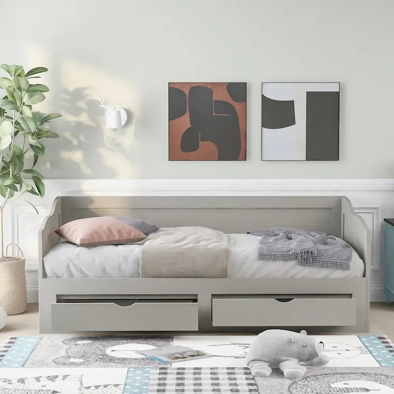 Divano letto in legno con letto estraibile e 2 cassetti portaoggetti, da una piazza e mezza a matrimoniale, per 1-2 persone, Bianco/Espresso/Grigio