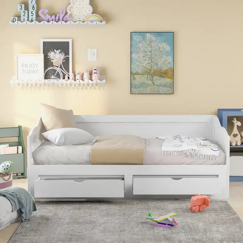 Divano letto in legno con letto estraibile e 2 cassetti portaoggetti, da una piazza e mezza a matrimoniale, per 1-2 persone, Bianco/Espresso/Grigio