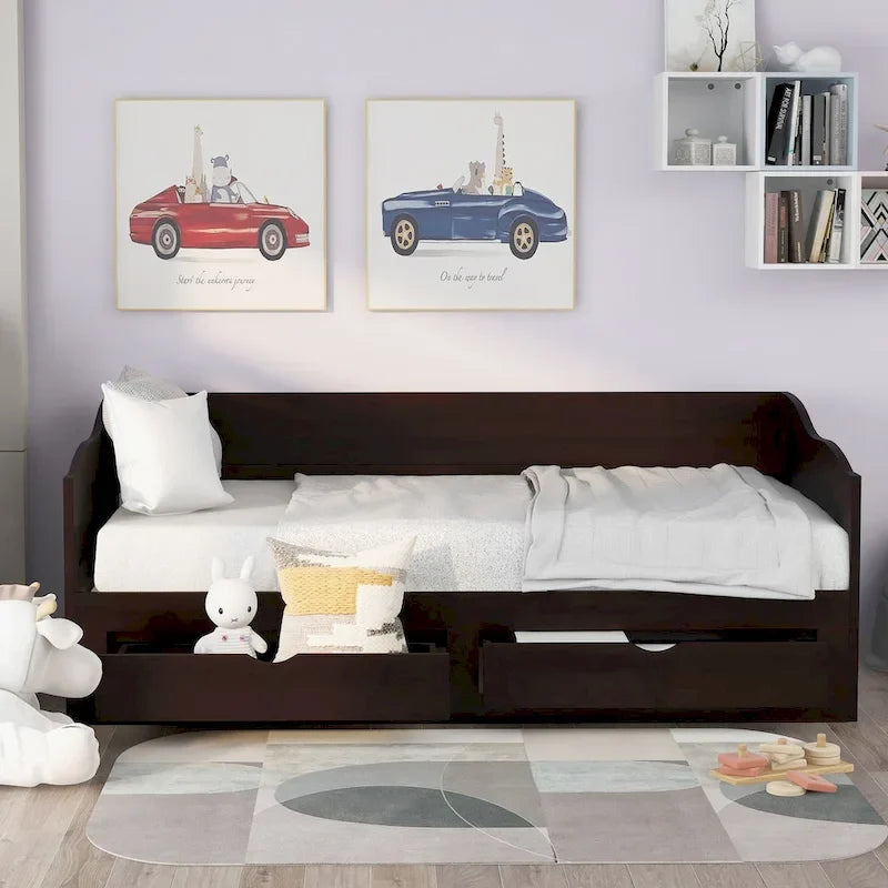 Divano letto in legno con letto estraibile e 2 cassetti portaoggetti, da una piazza e mezza a matrimoniale, per 1-2 persone, Bianco/Espresso/Grigio