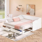 Divano letto in legno con letto estraibile e 2 cassetti portaoggetti, da una piazza e mezza a matrimoniale, per 1-2 persone, Bianco/Espresso/Grigio