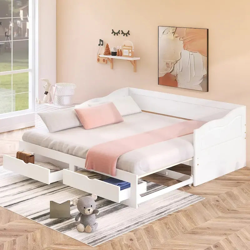 Divano letto in legno con letto estraibile e 2 cassetti portaoggetti, da una piazza e mezza a matrimoniale, per 1-2 persone, Bianco/Espresso/Grigio