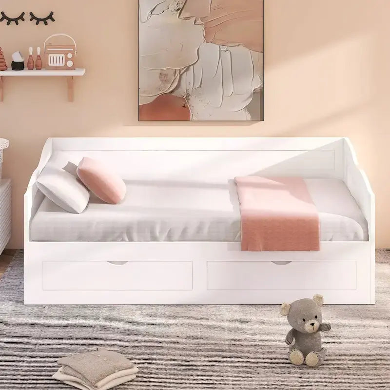 Divano letto in legno con letto estraibile e 2 cassetti portaoggetti, da una piazza e mezza a matrimoniale, per 1-2 persone, Bianco/Espresso/Grigio