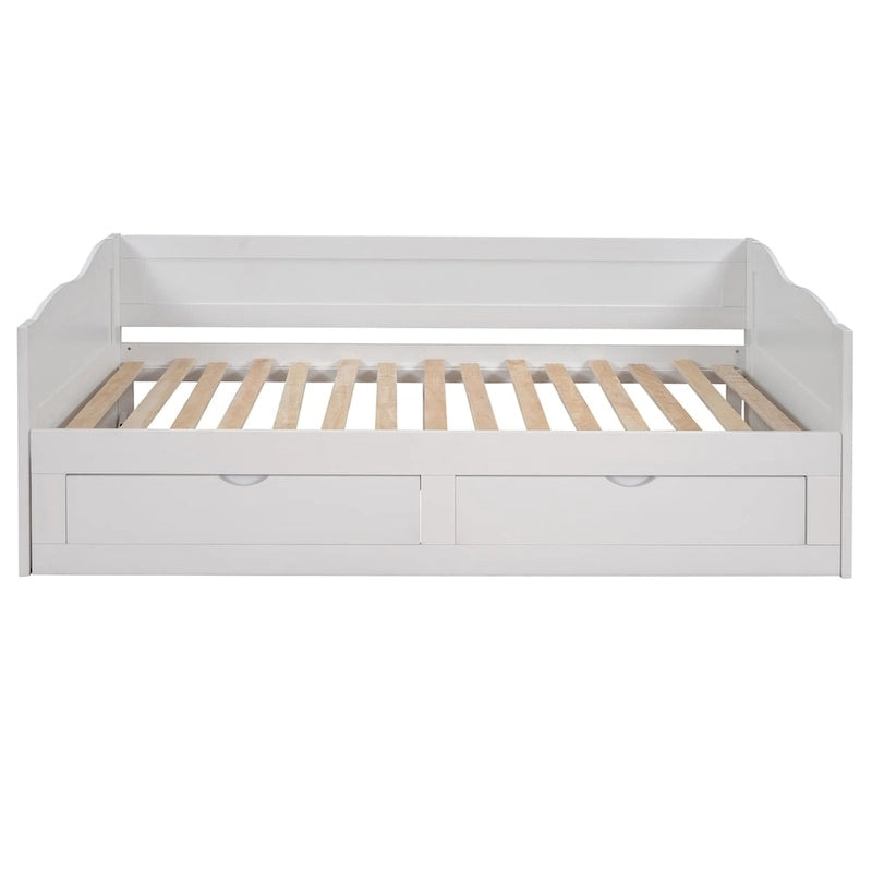 Divano letto in legno con letto estraibile e 2 cassetti portaoggetti, da una piazza e mezza a matrimoniale, per 1-2 persone, Bianco/Espresso/Grigio