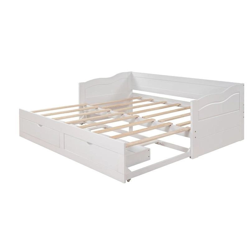 Divano letto in legno con letto estraibile e 2 cassetti portaoggetti, da una piazza e mezza a matrimoniale, per 1-2 persone, Bianco/Espresso/Grigio