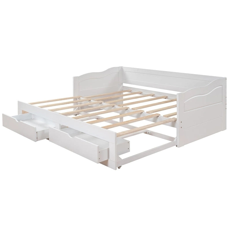 Divano letto in legno con letto estraibile e 2 cassetti portaoggetti, da una piazza e mezza a matrimoniale, per 1-2 persone, Bianco/Espresso/Grigio