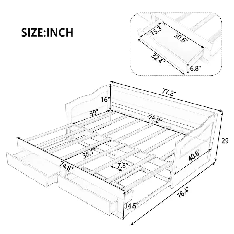 Divano letto in legno con letto estraibile e 2 cassetti portaoggetti, da una piazza e mezza a matrimoniale, per 1-2 persone, Bianco/Espresso/Grigio