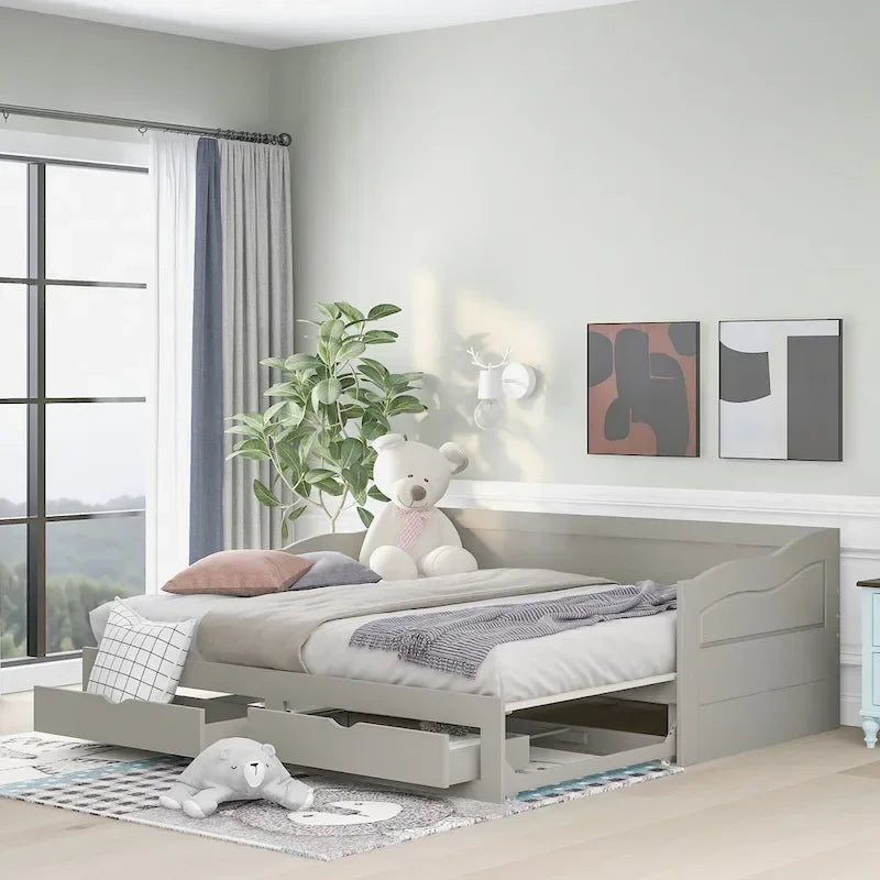 Divano letto in legno con letto estraibile e 2 cassetti portaoggetti, da una piazza e mezza a matrimoniale, per 1-2 persone, Bianco/Espresso/Grigio