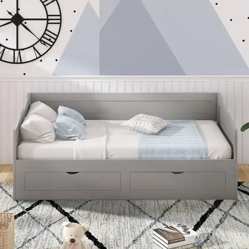Divano letto in legno con letto estraibile e 2 cassetti portaoggetti, da una piazza e mezza a matrimoniale, per 1-2 persone, Bianco/Espresso/Grigio
