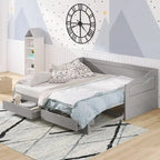 Divano letto in legno con letto estraibile e 2 cassetti portaoggetti, da una piazza e mezza a matrimoniale, per 1-2 persone, Bianco/Espresso/Grigio