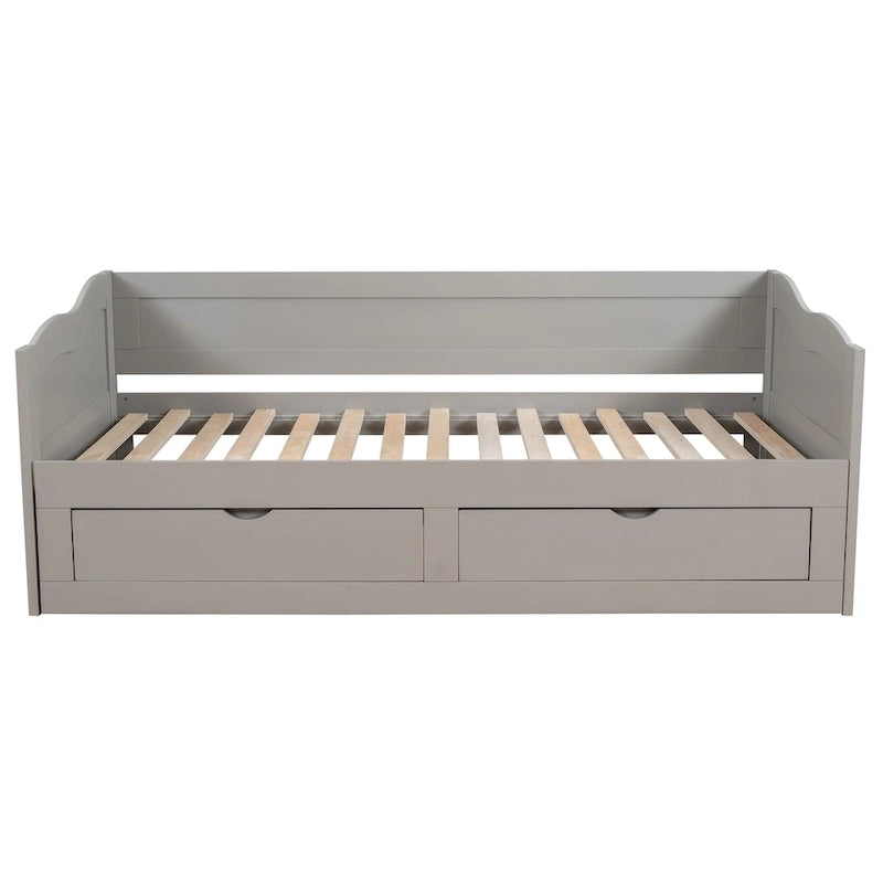 Divano letto in legno con letto estraibile e 2 cassetti portaoggetti, da una piazza e mezza a matrimoniale, per 1-2 persone, Bianco/Espresso/Grigio