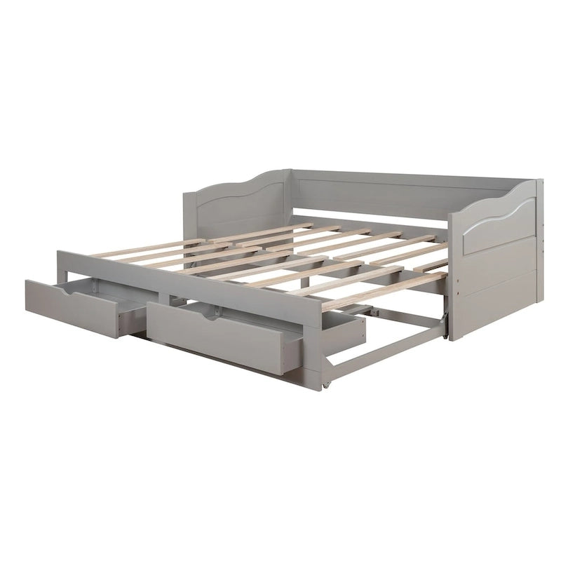 Divano letto in legno con letto estraibile e 2 cassetti portaoggetti, da una piazza e mezza a matrimoniale, per 1-2 persone, Bianco/Espresso/Grigio