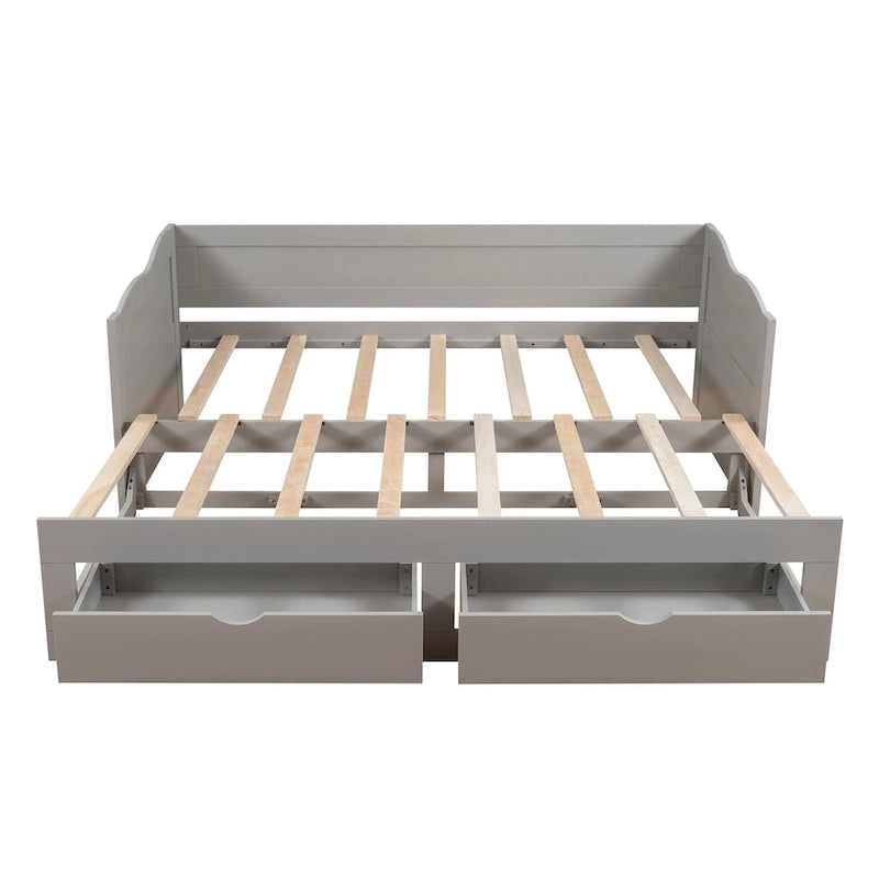 Divano letto in legno con letto estraibile e 2 cassetti portaoggetti, da una piazza e mezza a matrimoniale, per 1-2 persone, Bianco/Espresso/Grigio