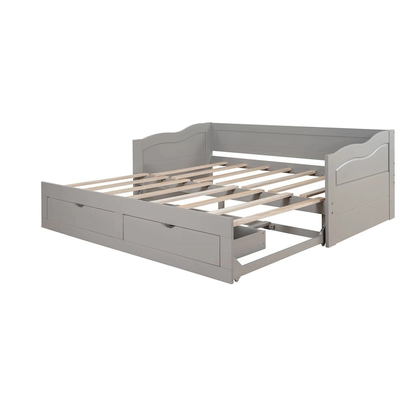 Divano letto in legno con letto estraibile e 2 cassetti portaoggetti, da una piazza e mezza a matrimoniale, per 1-2 persone, Bianco/Espresso/Grigio